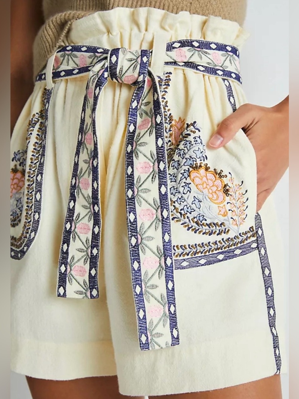 Anthropologie Annaleigh Piper Cream Floral Embroidered Belted Baggy Shorts